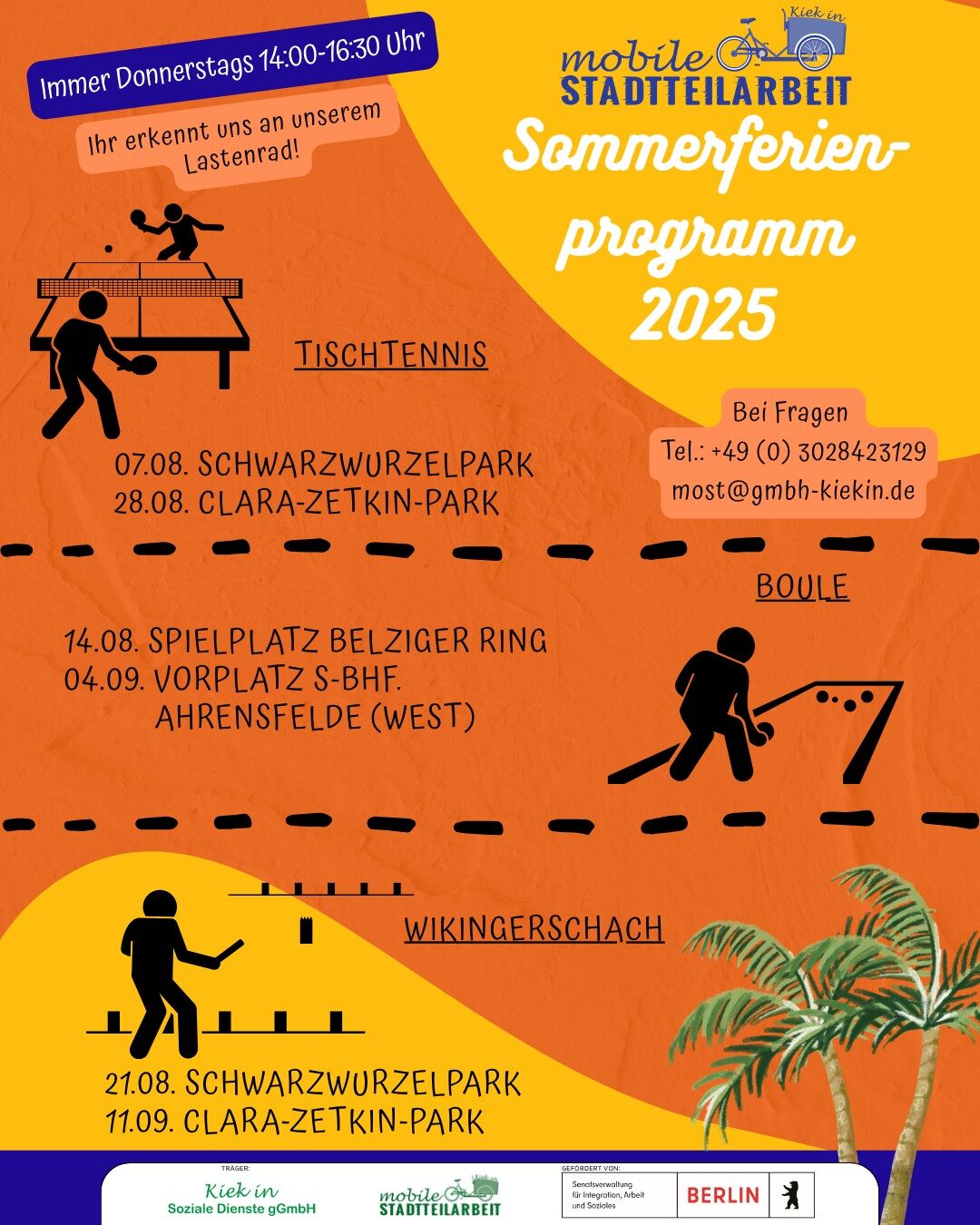 Flyer mit den Angeboten für die Sommerferien. Der gesamte Inhalt ist auch nochmals unten im Fließtext angegeben.